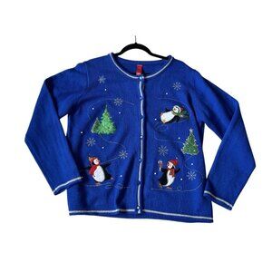 Unbranded Blue Christmas Cardigan Sweater Penguin Tree Design Size XL Cute GUC